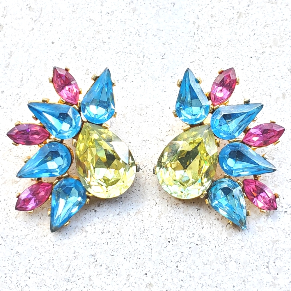 Vintage Pastel Rhinestone Clip Earrings Unsigned